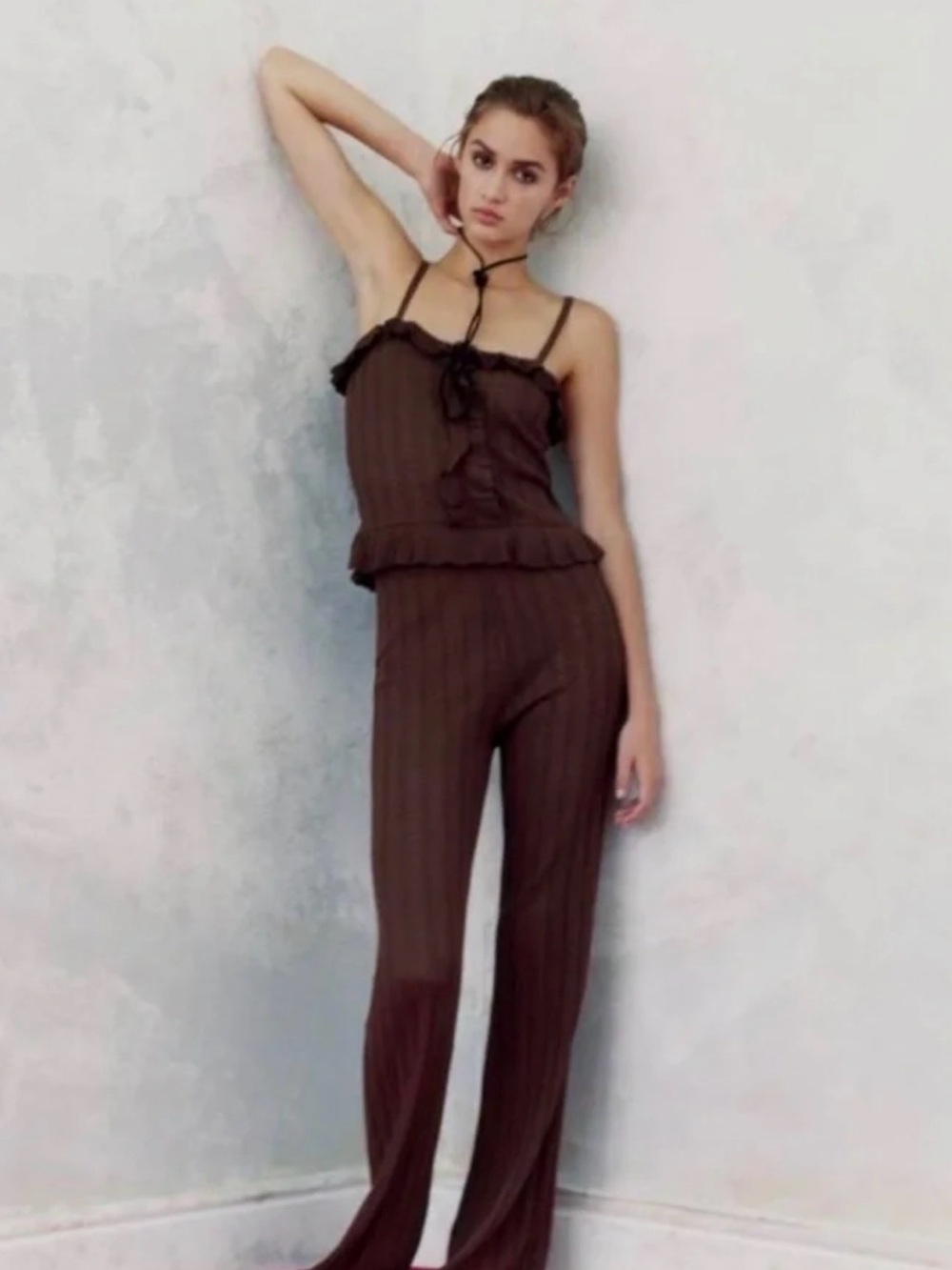 ZARA Brown crochet nit pants with RUFFLE